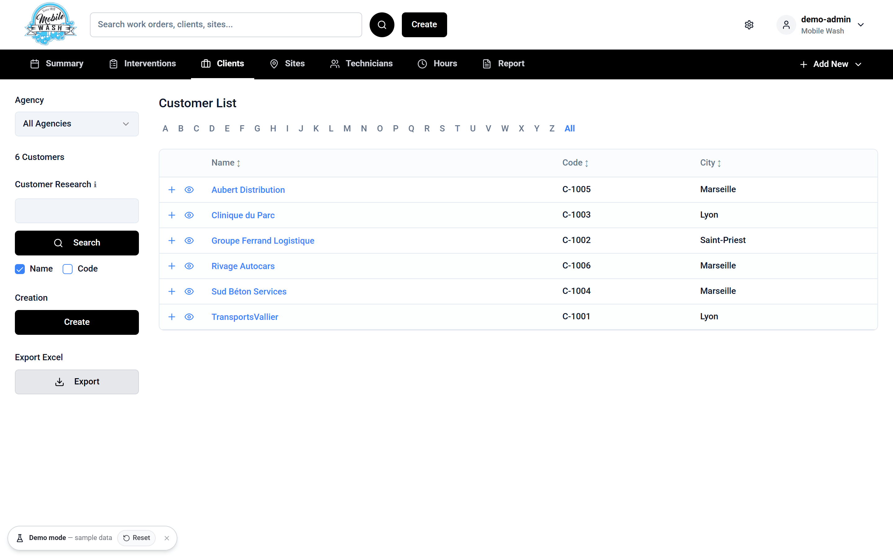 Customer list with A to Z filter, search, create and Excel export