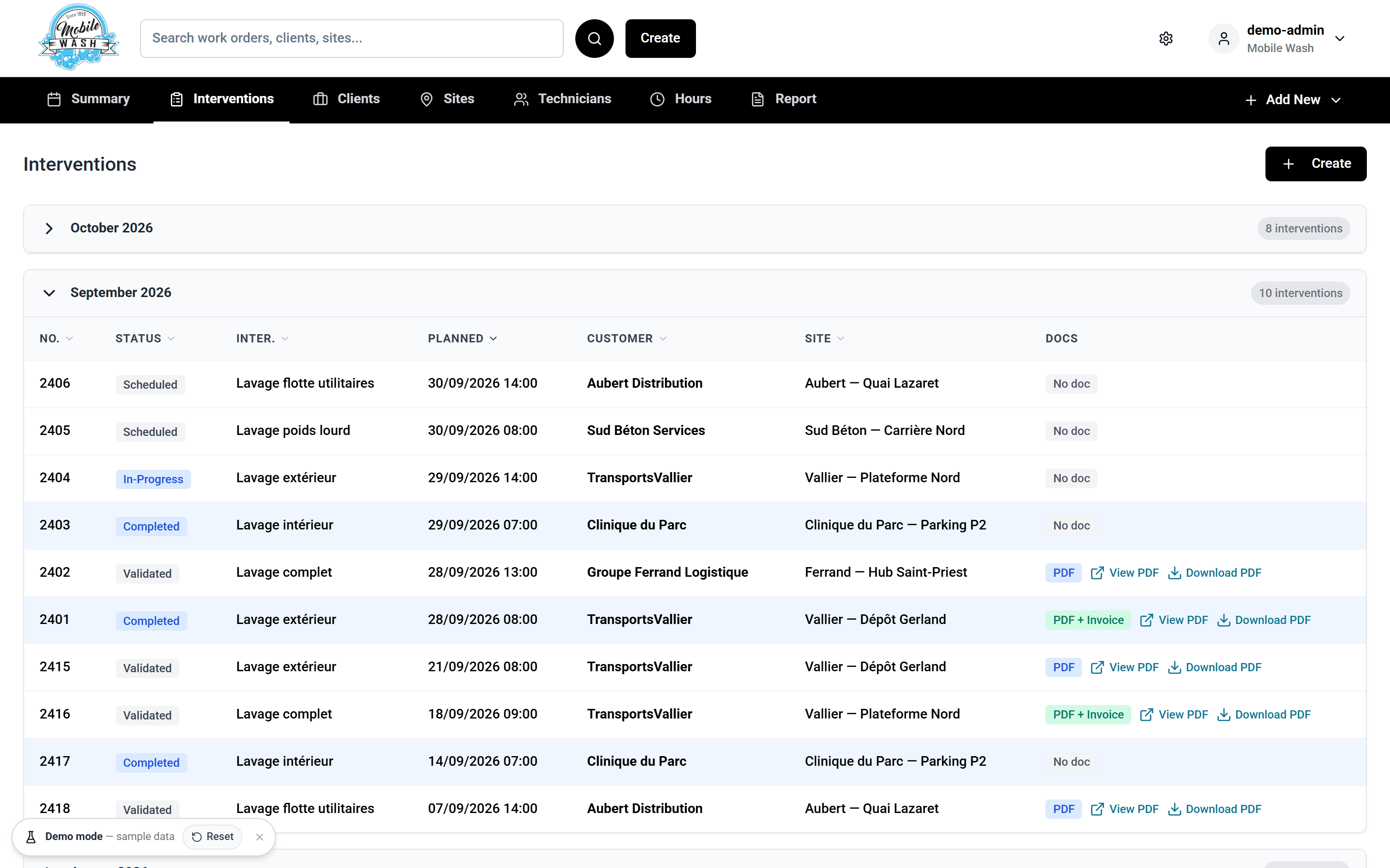 Interventions list grouped by month with number, status, service, planned time, customer, site and documents