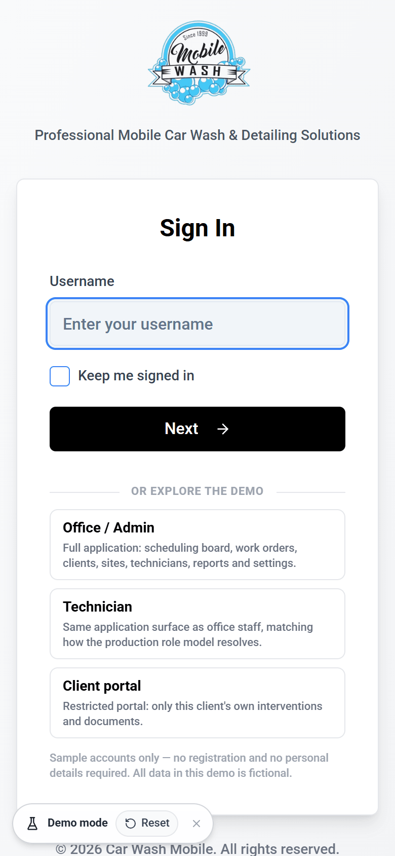 Sign-in screen on a phone with one-click entry for the office, technician and client roles
