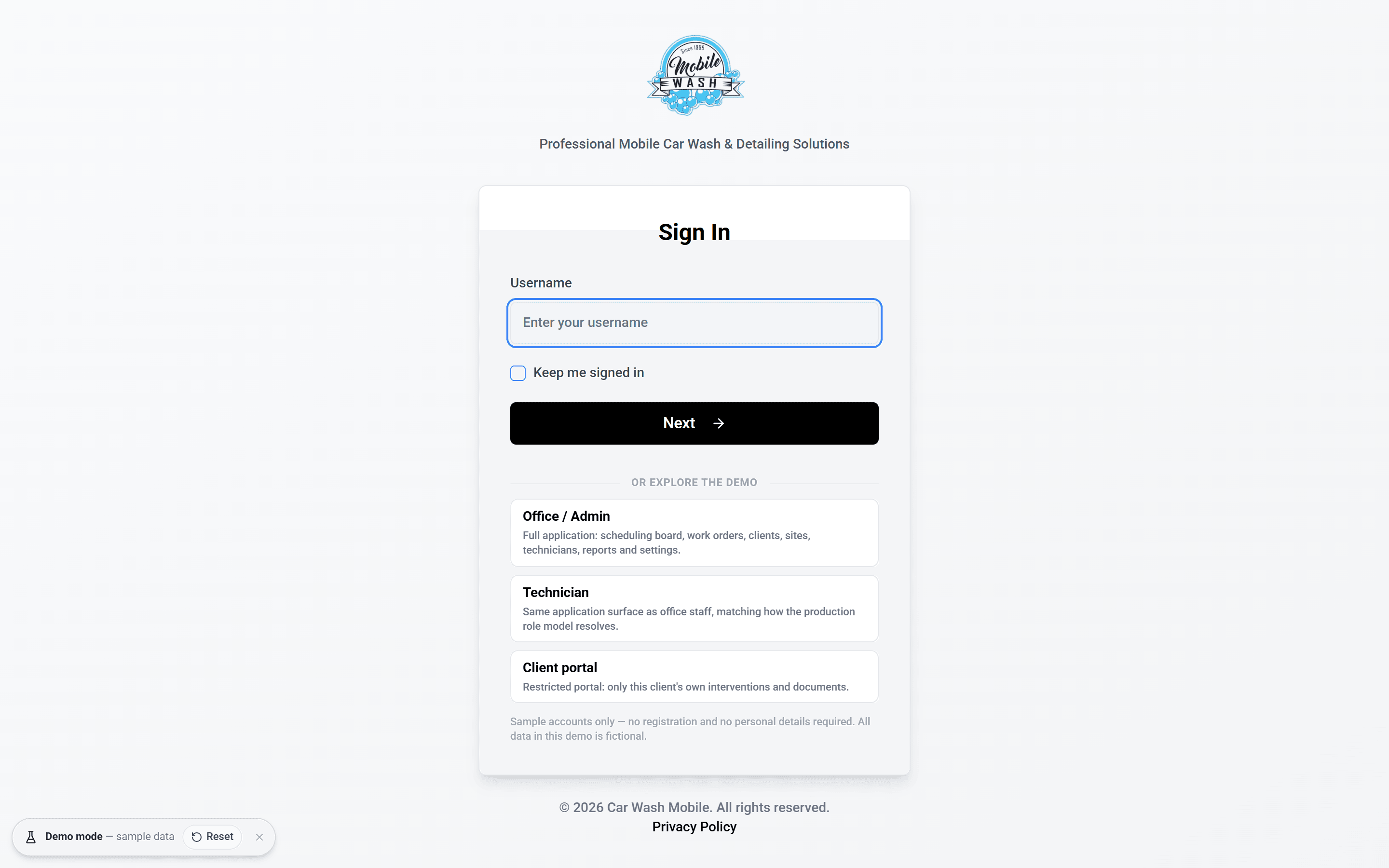 Sign-in screen with one-click entry for the office, technician and client roles