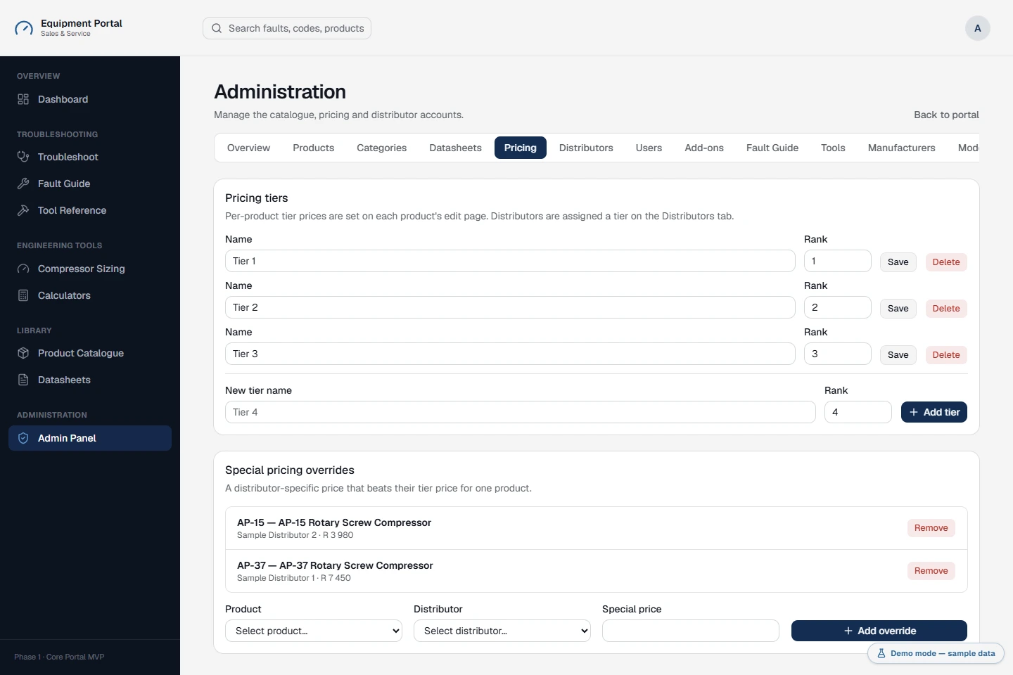 Administrator pricing workspace for product prices and distributor tiers