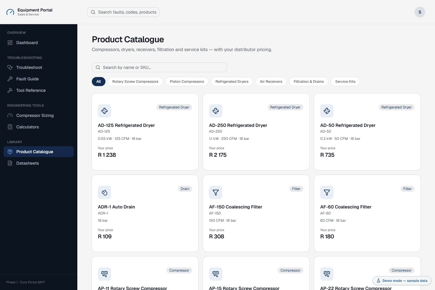 Product catalogue showing generic equipment, specifications and distributor prices