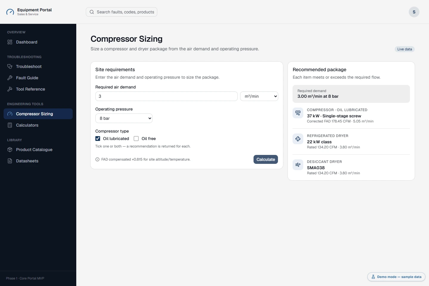 Compressor sizing tool with input requirements and calculated equipment matches