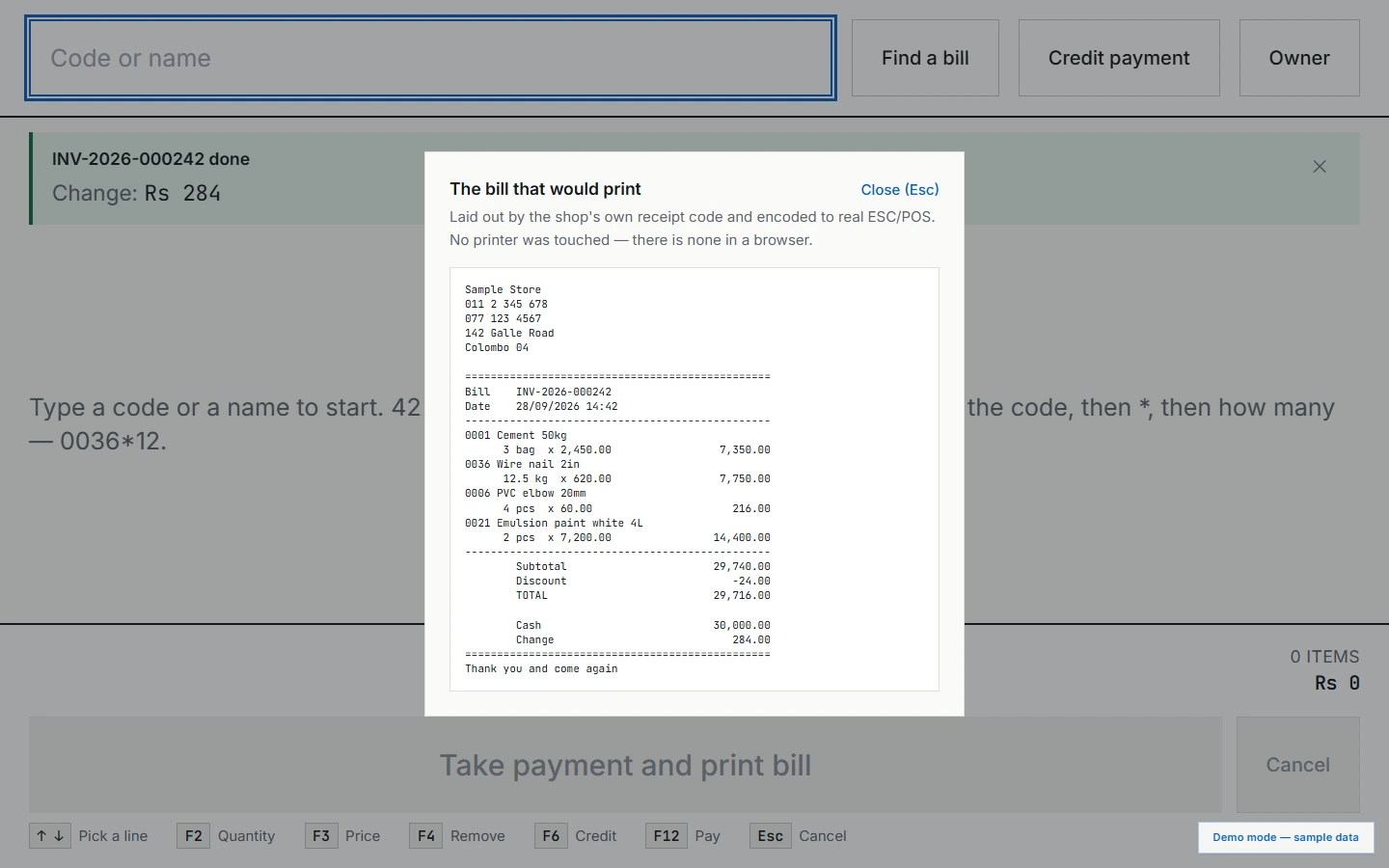 Completed sale with change due and the formatted bill that would print
